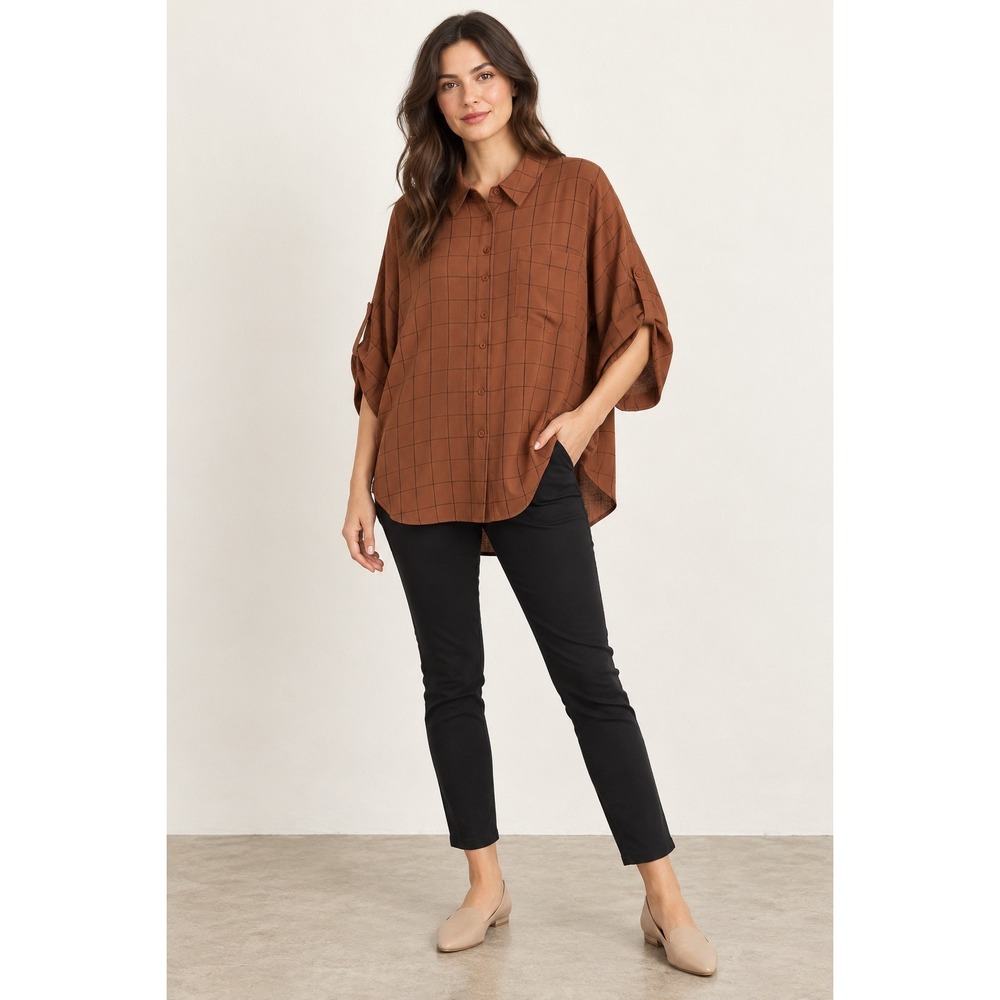 Ruti Windowpane Plaid Oversized Button Down Blouse S/M Rust Dolman Sleeve